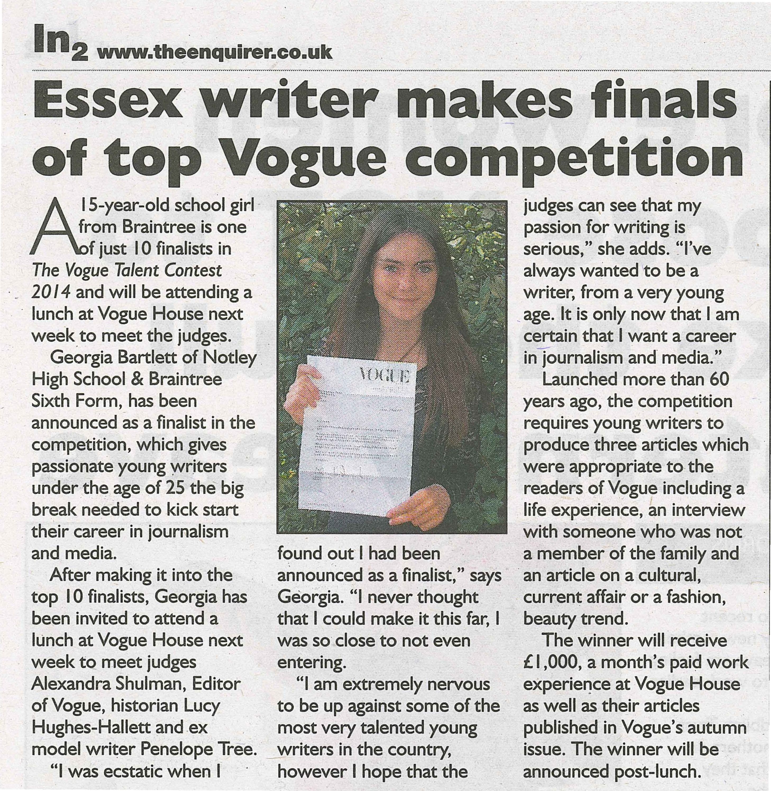 Essex Writer Makes Finals of Top Vogue Competition